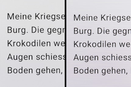 In der starken Vergrösserung zeigt sich: Text sieht auf WOLED (links) genau gleich scharf aus wie auf QD-OLED (rechts).