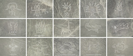 Lines visualise 15 of the 303 newly discovered geoglyphs, some of which are barely visible.
