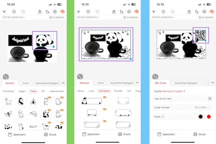 A large selection of stickers (left), frames (centre) and the QR code generator (right) are free of charge. 