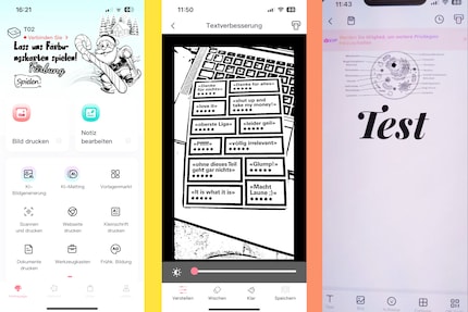 The Phomemo app has a large selection of tools (left). With the scan function, I can photograph documents (centre). Unfortunately, there is a charge for printing text (right). 