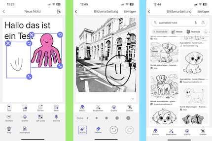 Other than stickers, frames and drawings, the text is fixed (left). Several filters are available for image editing (centre). With the app, I can actually print entire websites (right). 