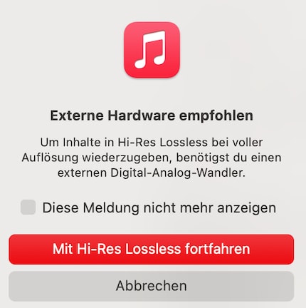 Voor Hi-Res-Lossless raadt Apple Music een externe DAC-converter aan.