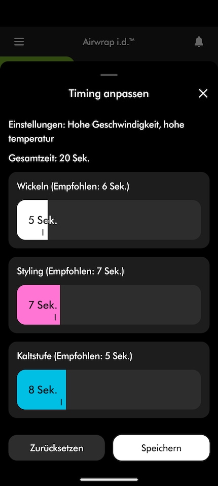 Basierend auf meinem Haarprofil gibt die App Empfehlungen zur Dauer der einzelnen Steps. Hier hab ich sie manuell verändert.