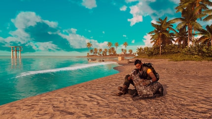 In «Far Cry 6» suche ich mir einen Strand aus und geniesse das Meer mit meinem Hund Boom Boom.
