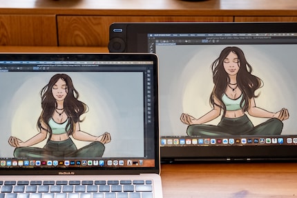 Das Display ist vorab kalibriert und zeigt die Farben nahezu wie beim Notebook an.
