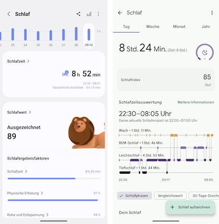 De slaaptracking van de ring links, die van de smartwatch rechts.