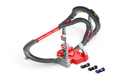 So that the mini cars don't just sit on the shelf, there is also a matching race track.
