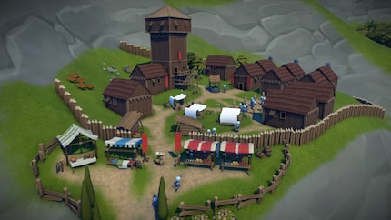 From Early Access: there’s a lot going on in my freely built palisade fortress. I built the market at the entrance for aesthetic reasons.