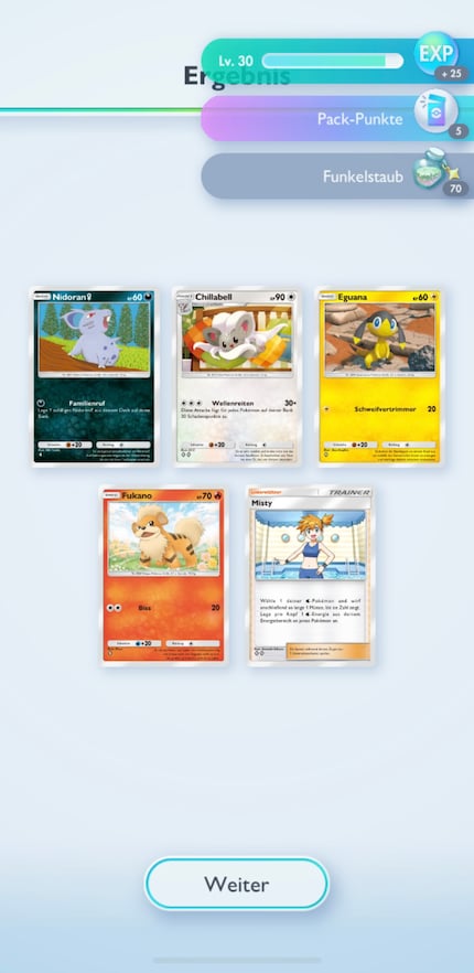 After I open a pack, I see the cards I've drawn, the experience points I've collected, the pack points I've earned and the sparkle dust.