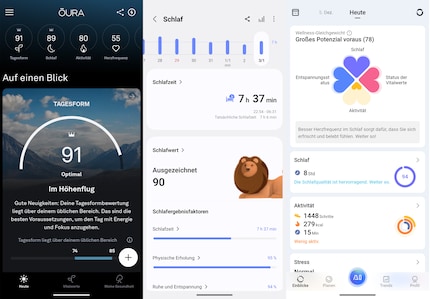De app van Oura (links) vergeleken met de apps van Samsung (midden) en RingConn (rechts).