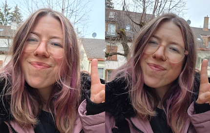 Een selfie met links de Galaxy S25. Mijn huidskleur ziet er onnatuurlijk uit door de sterkere gele kleur in vergelijking met de S24 rechts.
