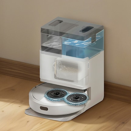 The top models 405 and 505 have a suction station where the round mops are also cleaned and dried.