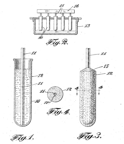 Ingeniek eenvoudig, maar wie heeft het uitgevonden? Epperson's patent voor «bevroren snoepgoed» op een stokje uit 1924.