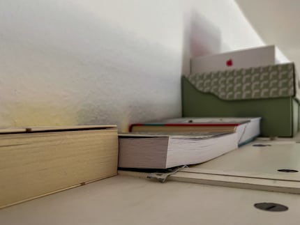 Not pretty, but useful: my bookshelf is now bird-proof.