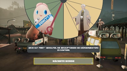 The game world’s jam-packed with collectable items and bizarre activities. Here, Pinky’s involved in a debate with the corrupt mayor in a mini-game.