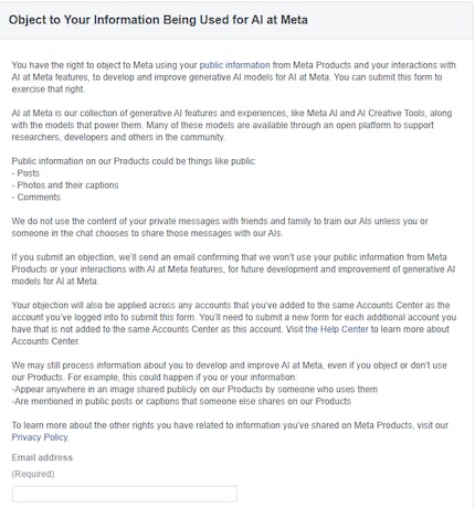 To lodge your objection on Instagram or Facebook, all you have to do is enter your e-mail address.