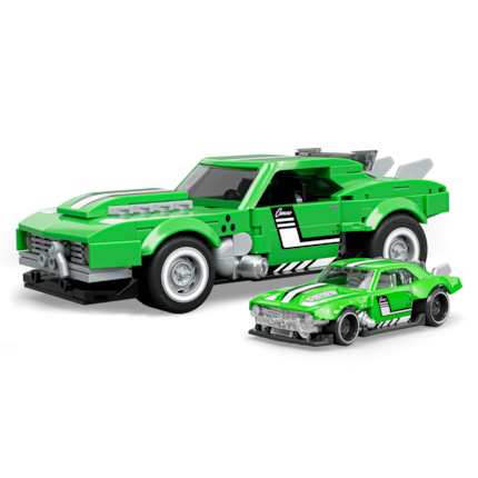 The American muscle car classic with a wide stance and striking racing stripes.