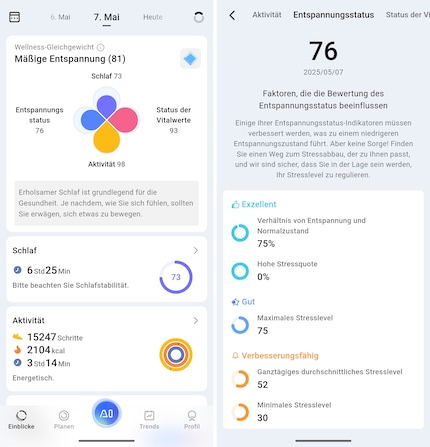 Die übersichtliche App mit dem Kleeblatt im Screenshot links, rechts die Hinweise auf das erhöhte Stresslevel.