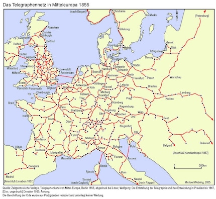 Dit is het moment waarop het echt begon: het Europese telegraafnetwerk in 1855.