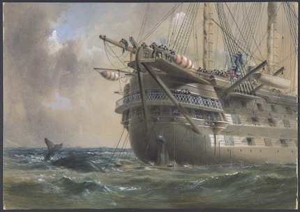 H.M.S. Agamemnon die onderzeese kabels legt in 1858, schilderij van Robert Charles Dudley, 1866