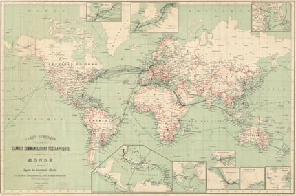 Telegrafie wereldkaart van het Cartografisch Instituut van Bern LIPS uit 1903.