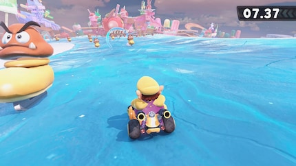 Mit Wario fahre ich einen Hindernisparcours in der offenen Spielwelt.