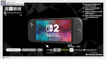 Hier speel ik met verschillende verversingsfrequenties en de VRR-functionaliteit van de Switch 2.