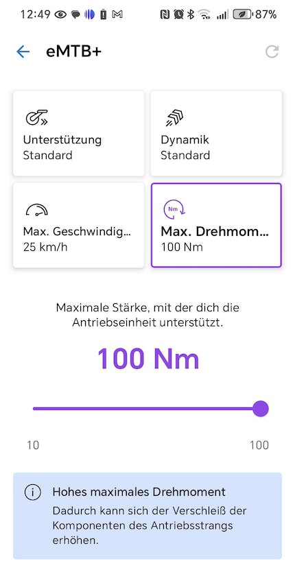 De prestatieparameters kunnen worden aangepast in de Bosch eBike Flow app.