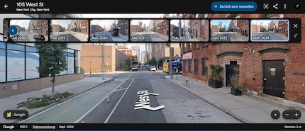 The new timeline function in Google Earth uses the example of West Street in New York to show the development of the street scene between 2018 and 2024.