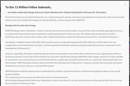 Der Screenshot zeigt das Statement, falls du es selbst nicht sehen kannst. Es erscheint auf der verlinkten Krafton-Startseite nur als Popup.