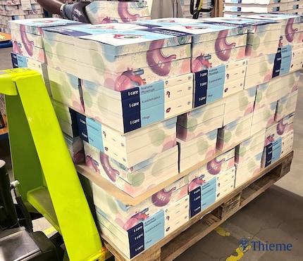 Pallets of textbooks fresh from the colour-cut printing press.