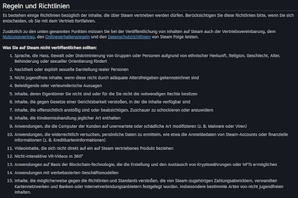 Die 15. Regel kam neu zu den Steam-Richtlinien hinzu.