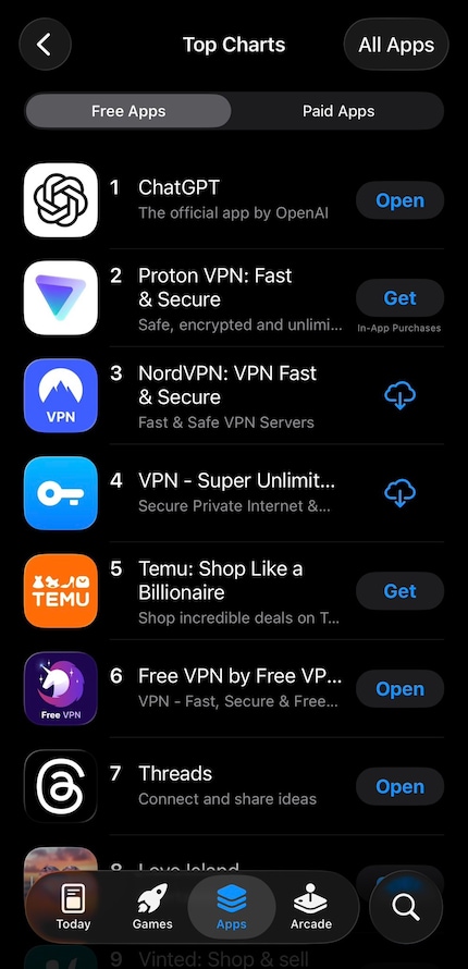 VPN-apps bovenaan de hitlijsten in het Verenigd Koninkrijk.