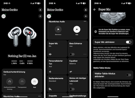 Die Startseite der Nothing-X-App in zwei Teilen und die Unterseite zum Super Mic.