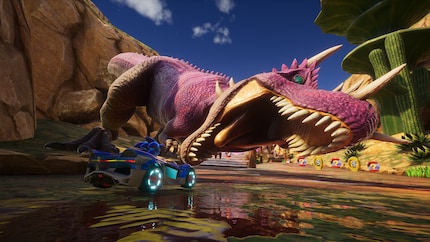 Dank Items, Ringen und wilder Überraschungen wie einem angriffslustigen T-Rex geht es auf den Rennstrecken richtig ab.