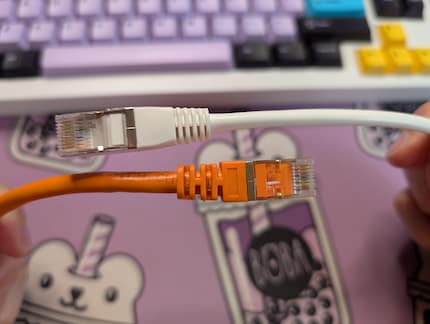 De oranje Cat 7 kabel is iets dikker. Afhankelijk van de lengte voldoet Cat 6 voor 10 Gbit/s echter ook.