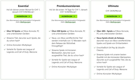Het prestatieoverzicht van de verschillende Xbox Game Pass abo's.