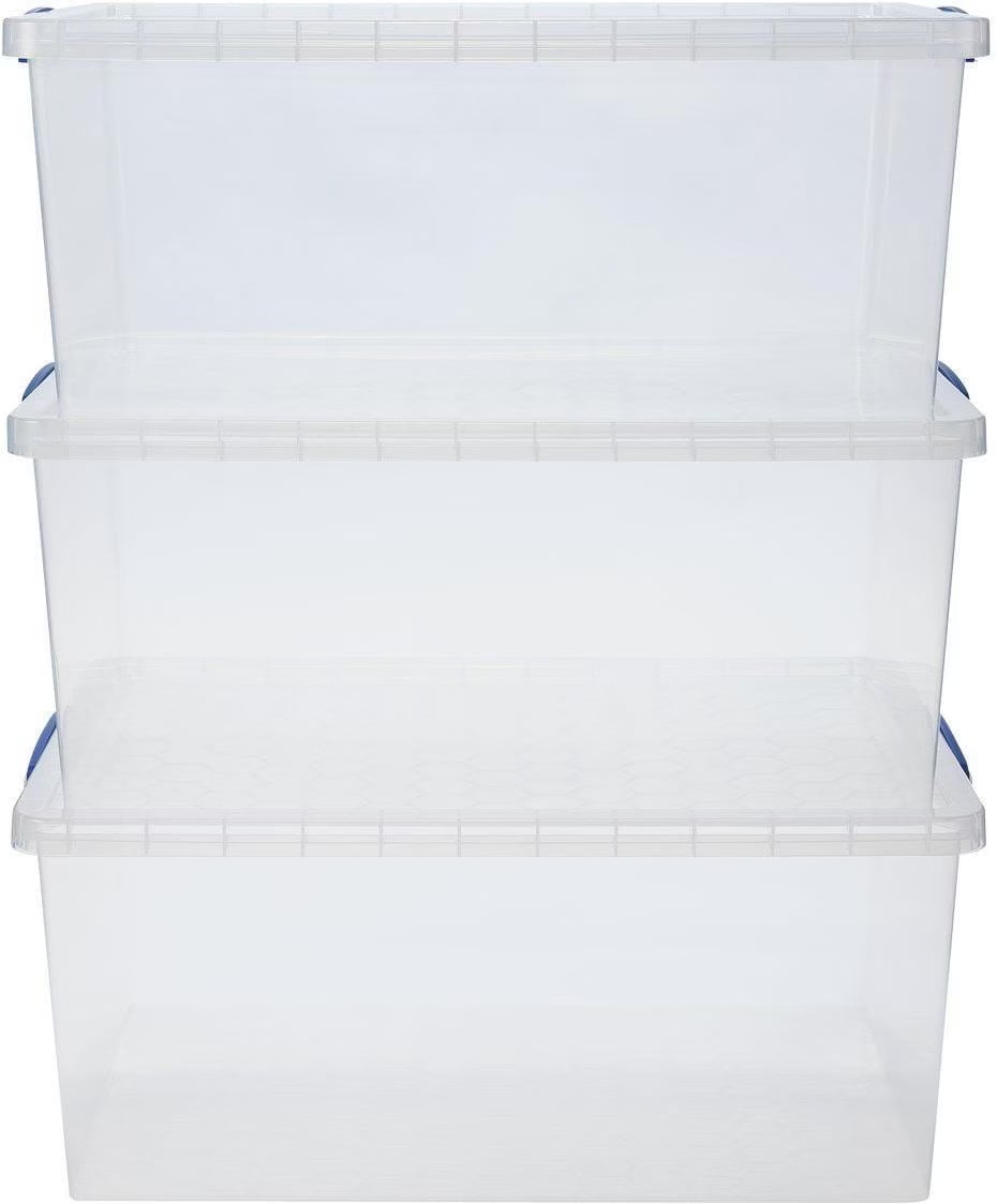 Opbergdozen, Set Van 3 Stapelbare 40 Liter Opbergdozen Van Zwart Kunststof In Elkaar Te Verpakken Met Deksel En Boxclip Vergrendeld Voor Planken E 600x406